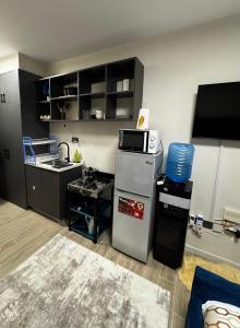 a small kitchen with a stove and a microwave at ZIVA HOMEs 2 in Marimbeti
