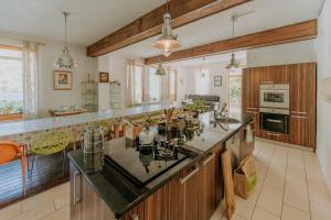 a large kitchen with a large counter top and wooden cabinets at Herzegovina Lodges Boracko Jezero in Konjic