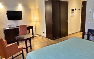 a bedroom with a bed and a desk and a tv at Hotel Terme in Monticelli Terme