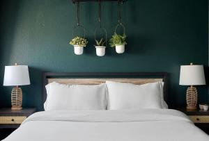 a bed with three potted plants on a green wall at Cute Little Condo no 310 in Dallas
