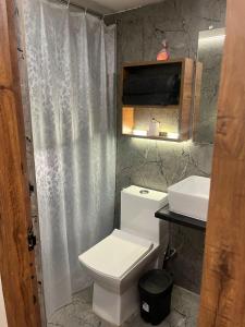a bathroom with a toilet and a sink at Aariv Inn BAGA BEACH in Baga +22 photos