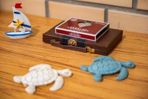 two toy turtles sitting on a table next to a box at Apartamento com Café no 1º Dia, Kit Fondue e Aquecedor no Quarto a 300m da Praia para Casais in Imbituba