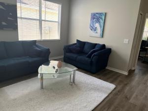 a living room with a blue couch and a glass table at Dolphin Room in Tampa