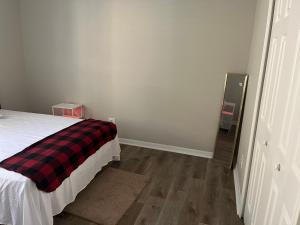 a bedroom with a bed with a plaid blanket on it at Dolphin Room in Tampa