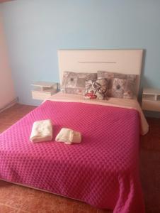 a bedroom with a pink bed with two towels on it at O cantinho d'abelheira in Falgueiras +11 photos