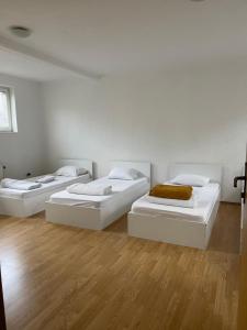 three beds in a room with wooden floors at Bus Station Hostel in Prishtinë