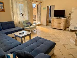 a living room with a blue couch and a tv at Apartmán U ŘEKY in Srbsko