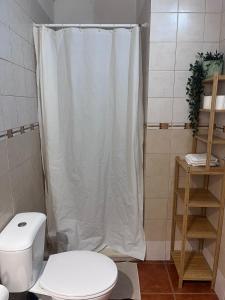 a bathroom with a toilet and a shower curtain at El Isleño in Valverde