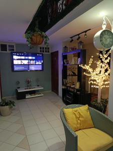 a living room with a couch and a tv at Hostal Cigarra in Panama City