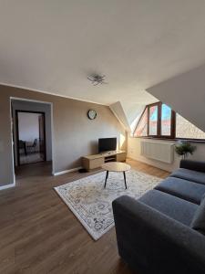 a living room with a couch and a tv at Castle View Apartments in Făgăraş