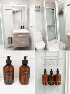 four pictures of a bathroom with four bottles of soap at Koselig studioleilighet i sentrum in Trondheim +46 photos