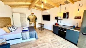 a large room with a bed and a kitchen at 16 Casita con Jacuzzi privado in Gran Alacant