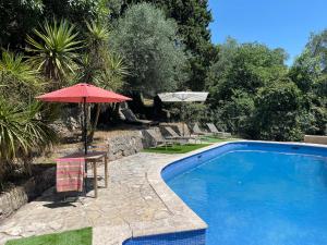 a pool with a table and an umbrella next to it at Les Pigerolles de Cabris in Cabris
