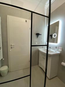 ein Badezimmer mit einem weißen Waschbecken und einem Spiegel in der Unterkunft M&M Apartments CSV Home in Cluj-Napoca