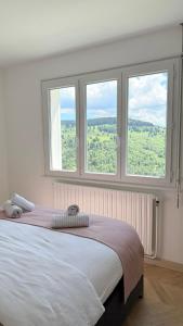 a bedroom with a large bed with three windows at Le Repère De lAigle - Vue Panoramique in Cornimont