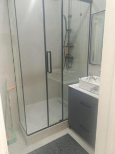 a bathroom with a glass shower and a sink at Современные 2-комнатные апартаменты в ЖК Capital City рядом с Shym City Park in Shymkent +19 photos