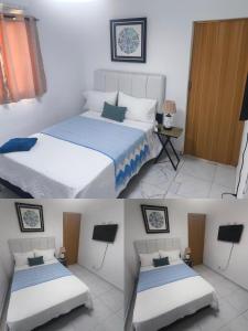 two pictures of a bedroom with two beds in it at Hostal Dermari in La Romana