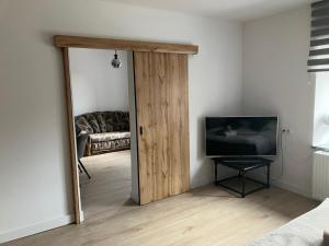 a living room with a mirror and a television at U Mariki in Mikoszowa