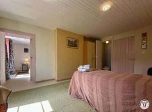 a bedroom with a bed with a pink blanket at Gîte Geoffroy in Montigny-sur-Aube