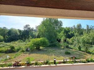 a view of a garden from a window at Quinta dos Choupos in Coimbra