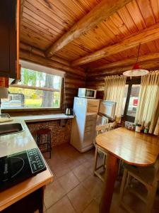 a kitchen with a table and a refrigerator at Cabaña Suiza in Cacheuta