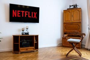 a living room with a netflix sign on the wall at The Bucket - Calla Old Town House with Jacuzzi & View in Braşov +52 photos