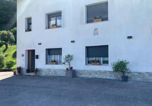 a white building with several windows and potted plants at Casa Castegner - Rooms in Seren del Grappa