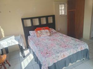 a bedroom with a bed with a pink and gray comforter at Sleep Well in Durban +1 photo
