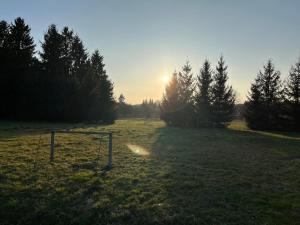 a field with a soccer goal in a field with the sun at Napsugár Apartman in Szaknyér