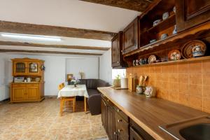 a kitchen with a counter and a table in a room at Sieben Türen in Criţ
