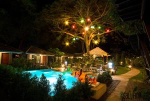 拜縣的住宿－拜縣西爾瓦納酒店，夜间游泳池,院子里有灯光