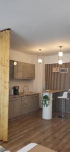 a kitchen with brown cabinets and a counter top at Garsoniera Daria in Saturn +20 photos