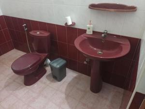 a bathroom with a red sink and a toilet at Tropical Lodge Yala in Kirinda
