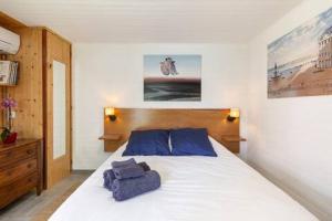 a bedroom with a bed with blue pillows on it at Tiny House de Charme & Oasis Privée in Toulouse