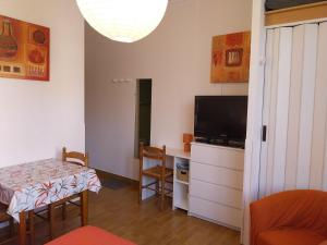 a living room with a television and a table and chairs at Appartement Sauges 16 in Cazaubon