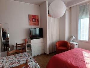 a bedroom with a bed and a television on a dresser at Appartement Sauges 16 in Cazaubon