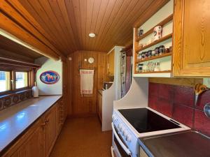 a kitchen with wooden cabinets and a sink and a stove at Lake Lodge Rönnäs in Leksand