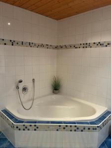 a bath tub in a bathroom with a plant in it at Garten Apartment Diwoky in Sankt Gilgen +30 photos