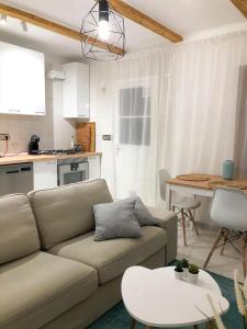 a living room with a couch and a kitchen at Rooms in Palma Center in Palma de Mallorca