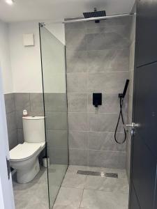 a bathroom with a toilet and a glass shower stall at Deluxe family room in Chessington