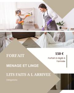 two pictures of a woman tidying up a room at Maison de vacances avec piscine in Soustons