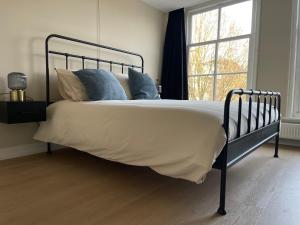 a bedroom with a large bed with blue pillows at Bedroom Dordrecht Centrum - La Focaccina in Dordrecht +13 photos