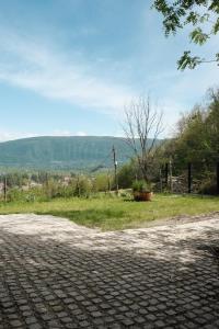 a brick road with a view of a mountain at Dadi House Martvili in Martvili