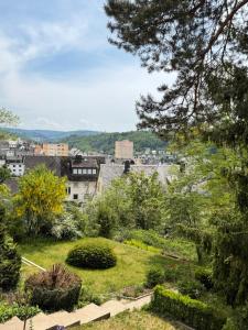 a view of a city from a garden at Apartment Am Wald in Idar-Oberstein