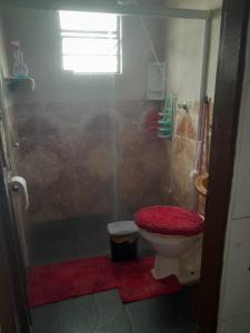 a bathroom with a shower with a toilet and a window at Casa São Thomé in São Thomé das Letras