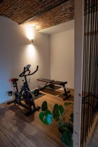 a room with two exercise bikes and a treadmill at Chez Cathy et Sébastien in Illies