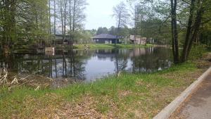 a body of water with a house in the background at MV Apartament in Druskininkai
