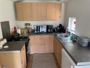 a kitchen with wooden cabinets and a counter top at Honey Bee Cabin in Llandysul +19 photos