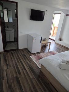 a bedroom with a bed and a tv on the wall at Baltina Parc Transfagarasan in Curtea de Argeş