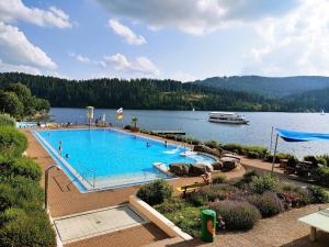a large swimming pool next to a lake with a boat at Haus Schluchseeblick in Schluchsee